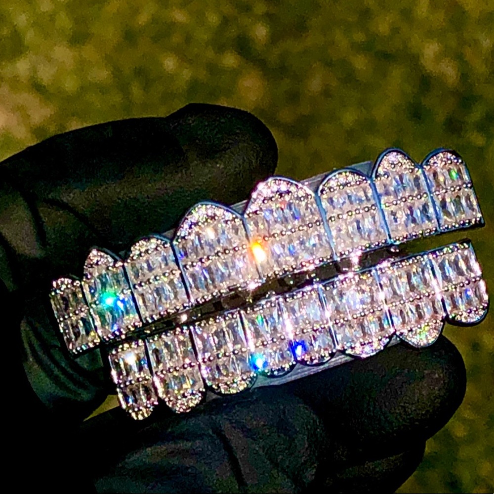 White Gold finish iced baguette 8 teeth grillz set